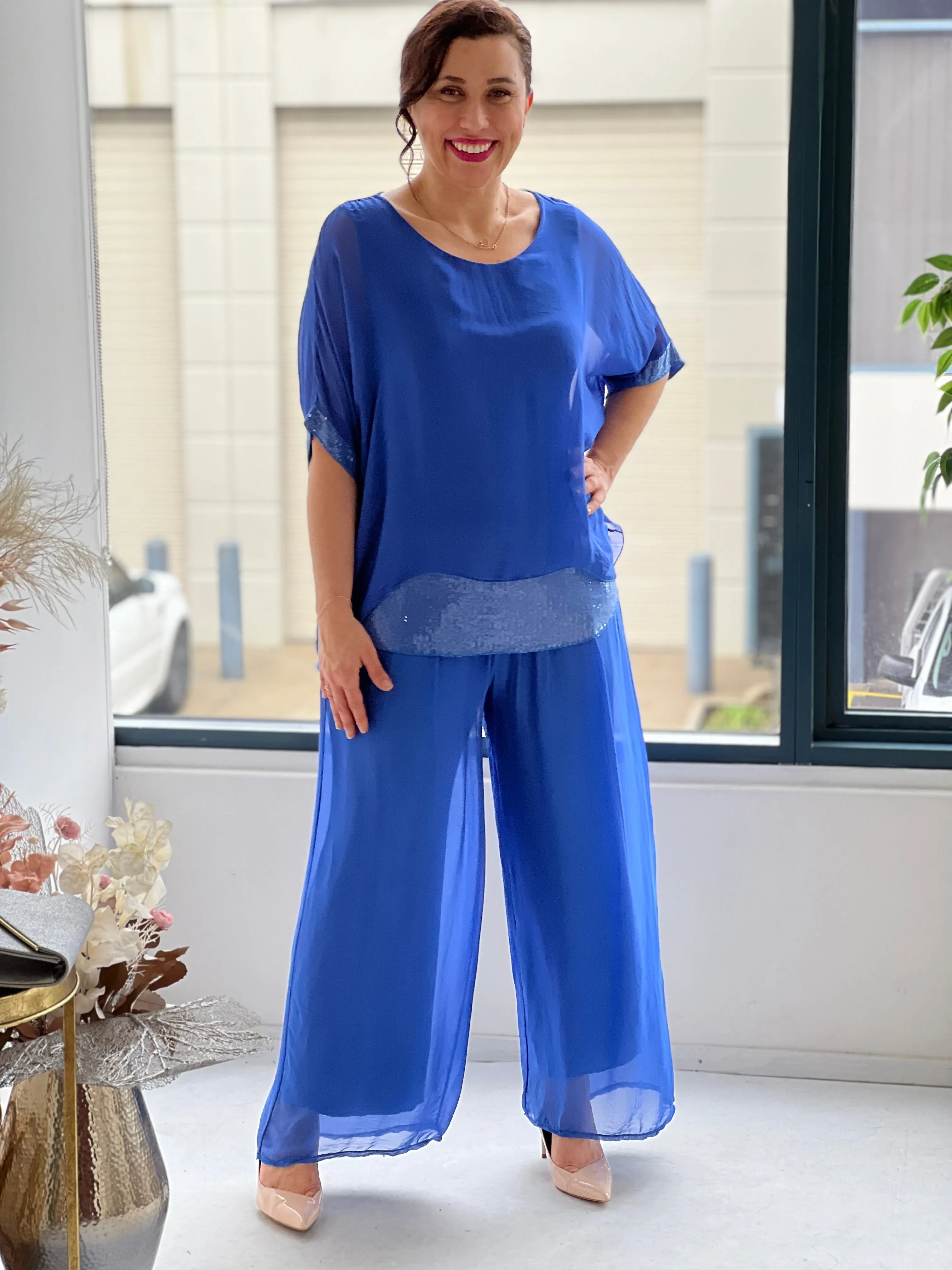 Callie Royal Sequin Silk Top