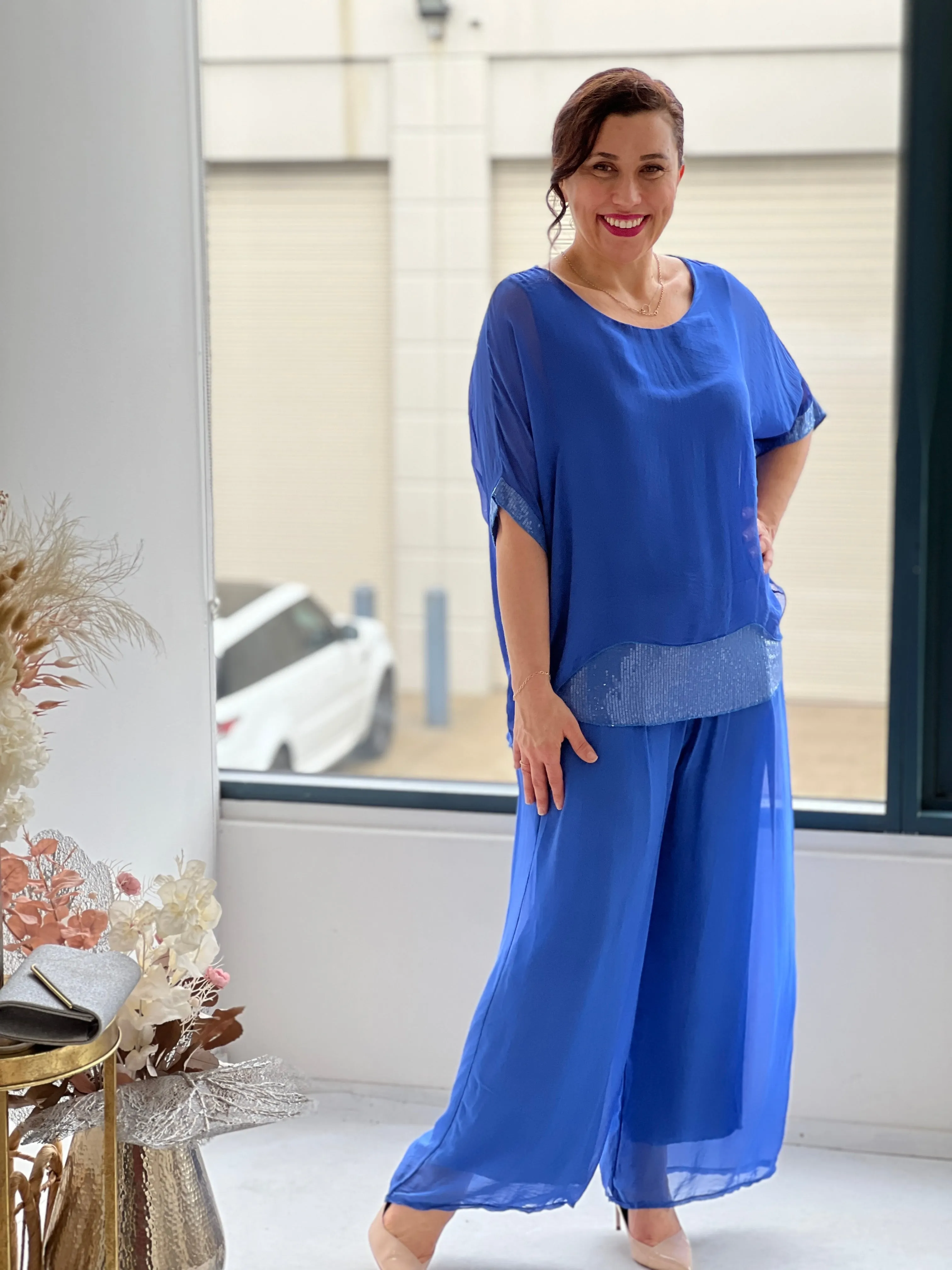 Callie Royal Sequin Silk Top
