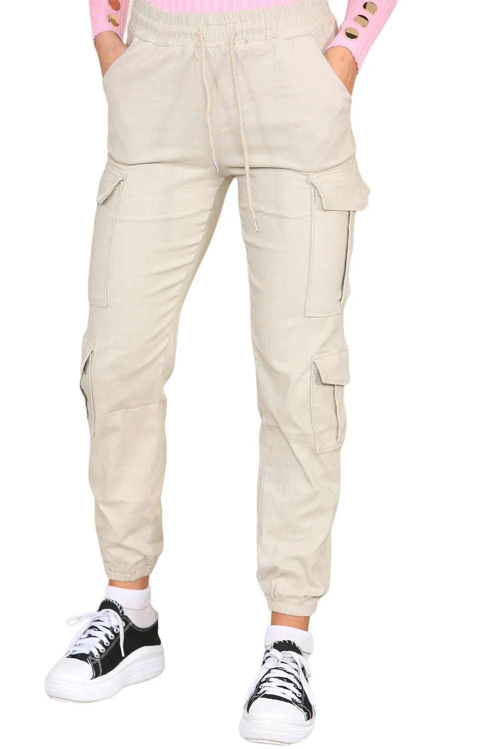 Cargo Pockets Pants Women High Waist Cropped Slim Fit Trouser
