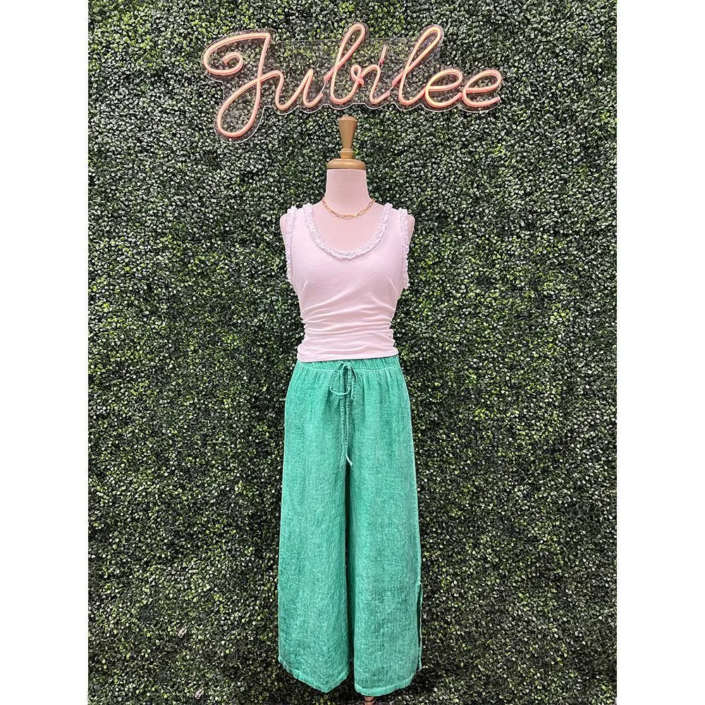Carys Green Cropped Linen Pants