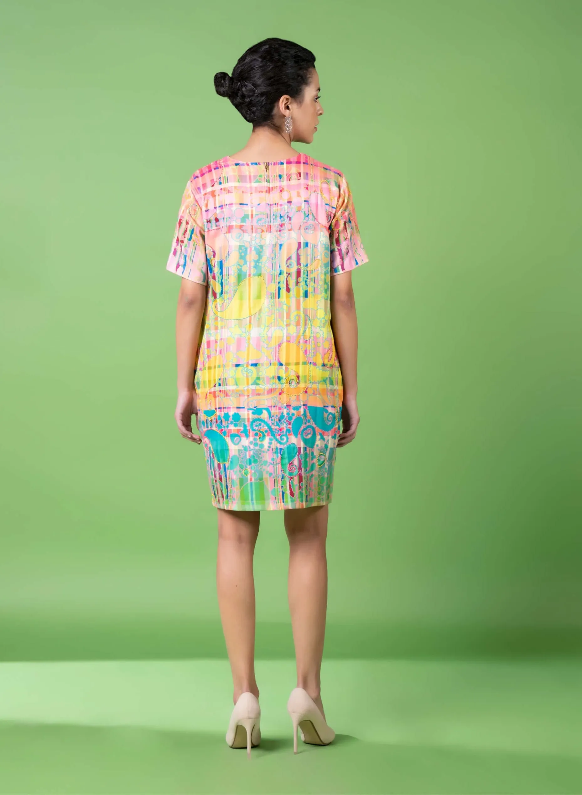 Check and paisley embroidered dress