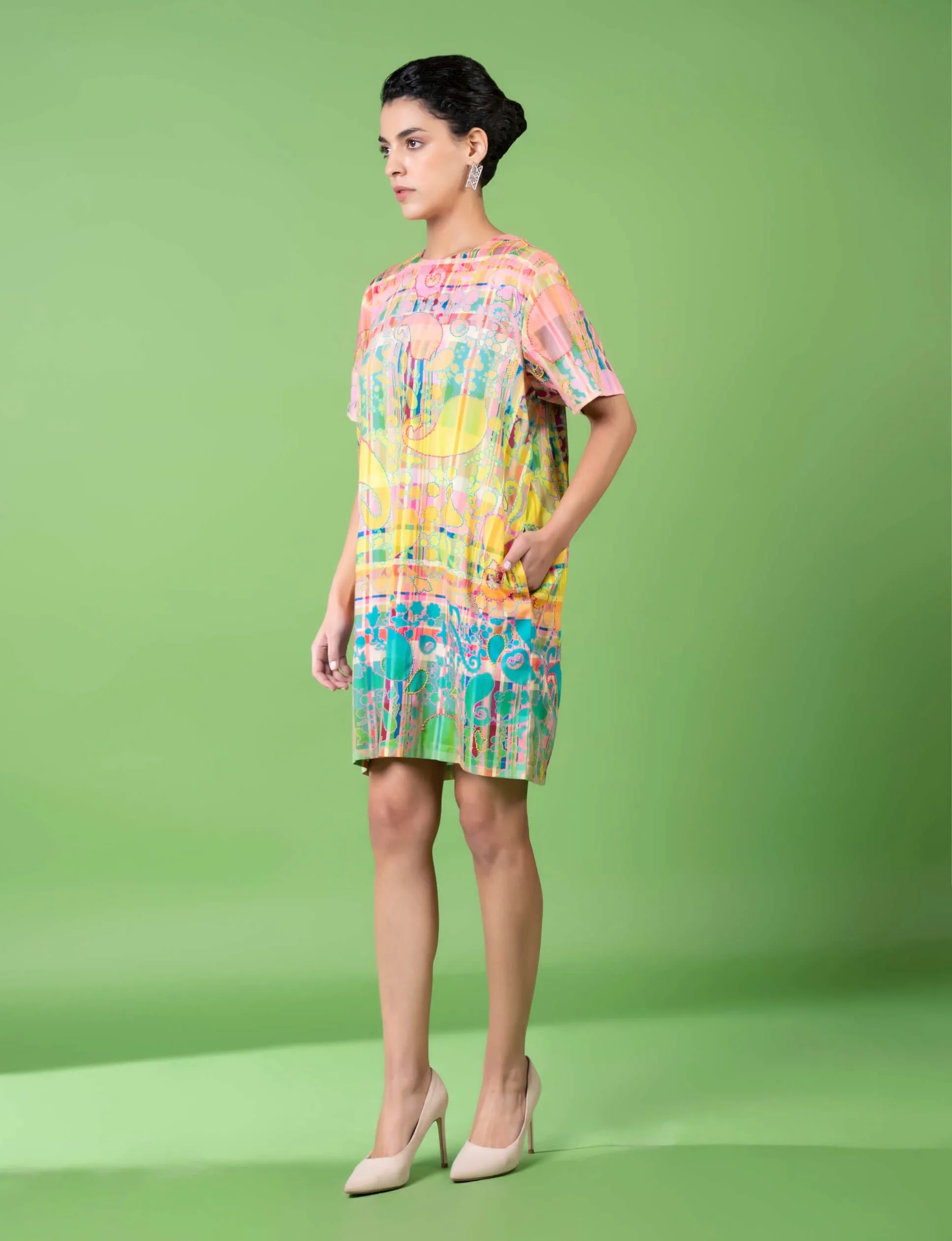 Check and paisley embroidered dress