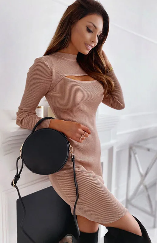 Chest Cutout Ribbed Mini Dress with Long Sleeves
