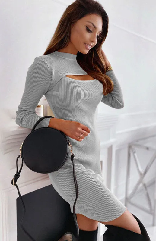 Chest Cutout Ribbed Mini Dress with Long Sleeves
