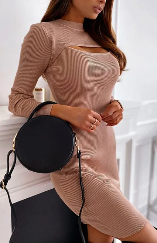 Chest Cutout Ribbed Mini Dress with Long Sleeves