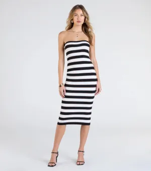 Chic Charm Striped Knit Strapless Midi Dress