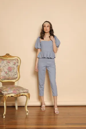 CLARA TOP Peplum Puff Sleeve Blouse (Serenity Blue Linen)