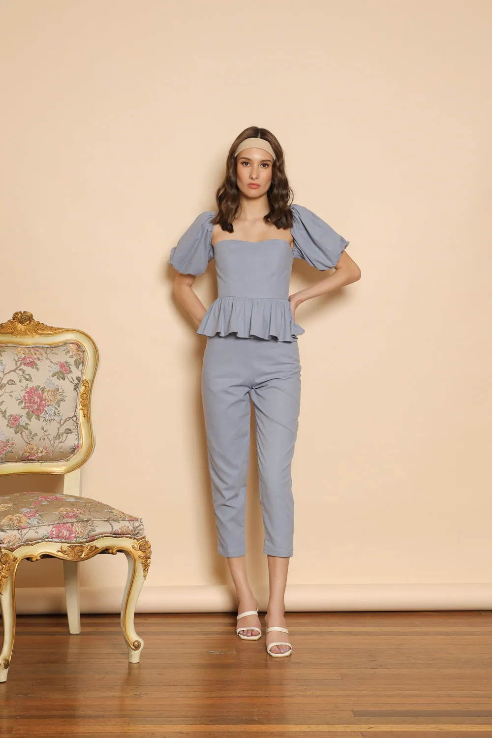 CLARA TOP Peplum Puff Sleeve Blouse (Serenity Blue Linen)