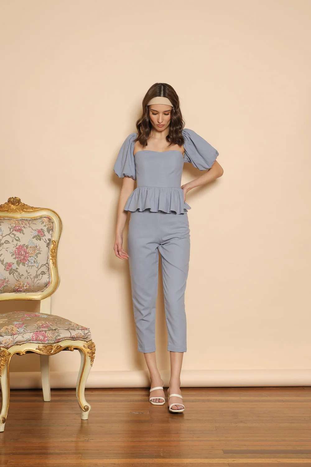 CLARA TOP Peplum Puff Sleeve Blouse (Serenity Blue Linen)
