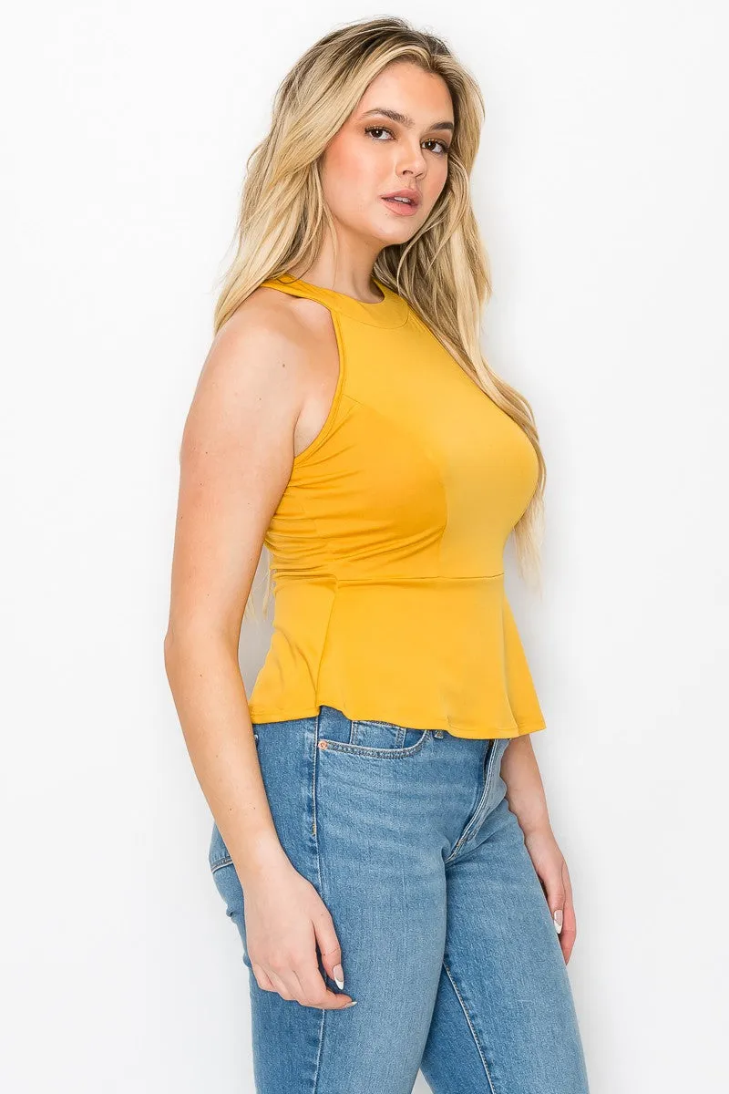 Cleo Neck Sleeveless Peplum Ruffle Hem Knit Blouse