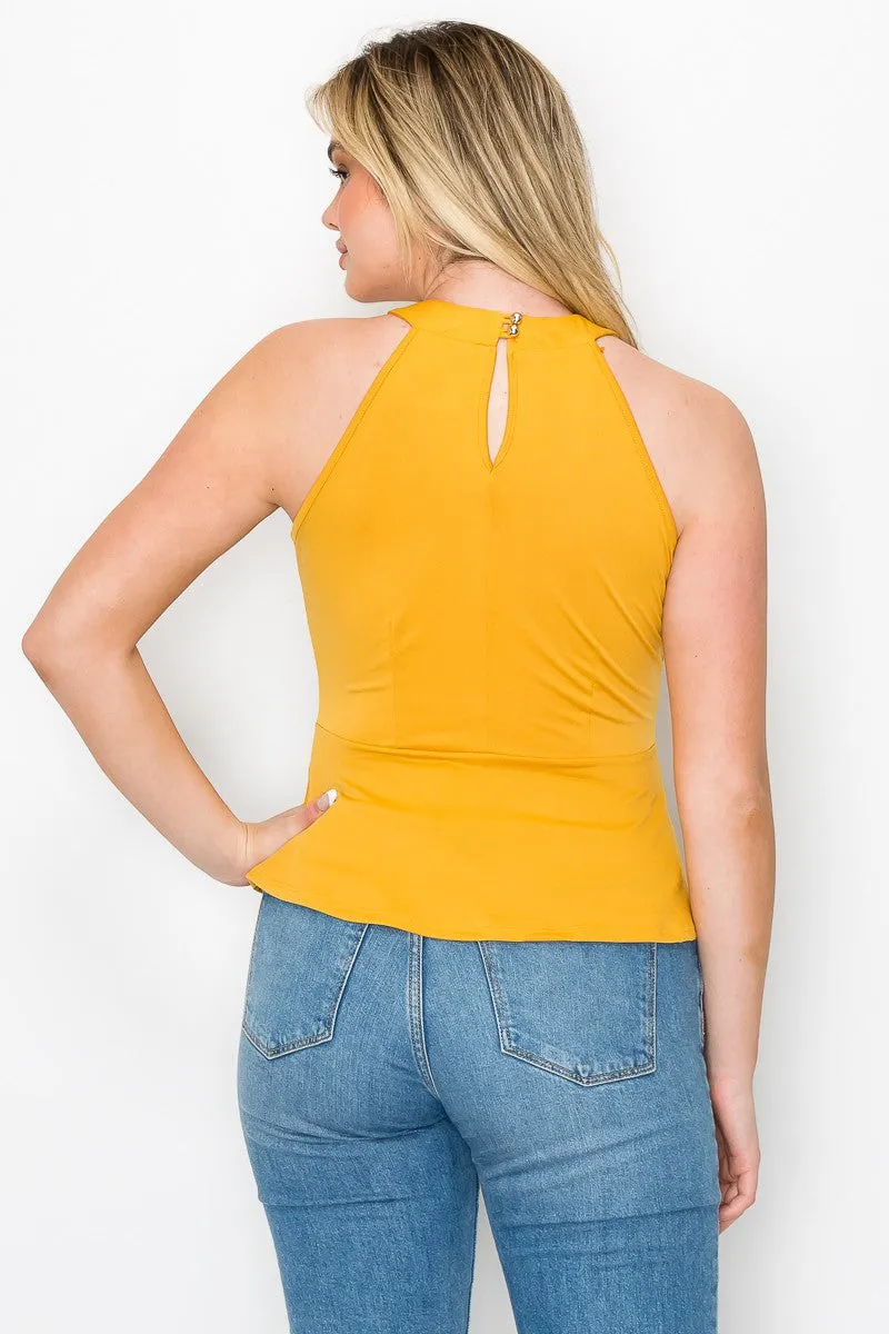Cleo Neck Sleeveless Peplum Ruffle Hem Knit Blouse
