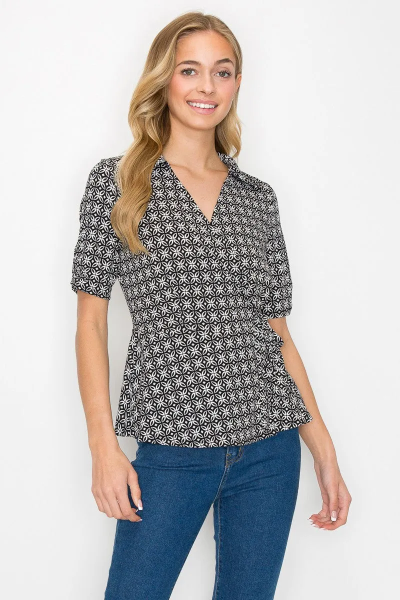 Collar V Neck Side Tie Peplum Wrap Knit Blouse