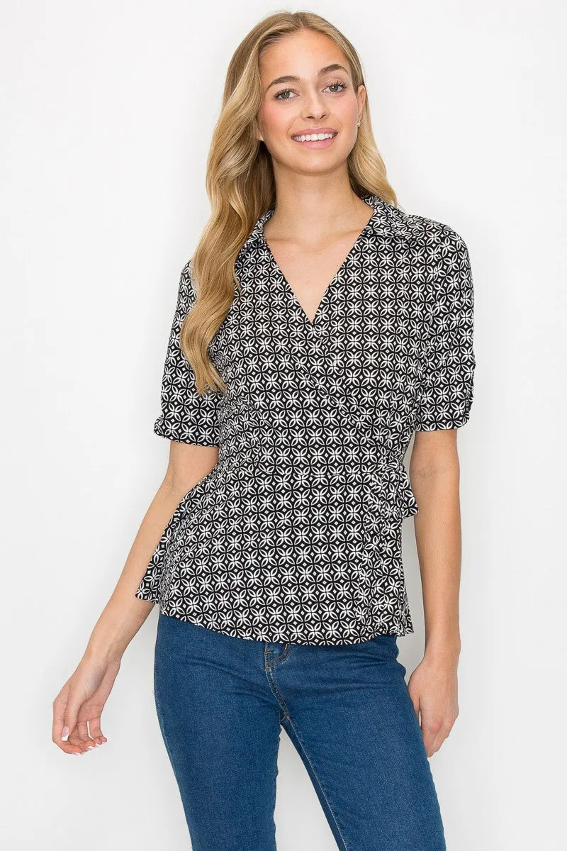 Collar V Neck Side Tie Peplum Wrap Knit Blouse