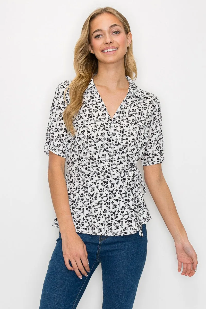 Collar V Neck Side Tie Peplum Wrap Knit Blouse