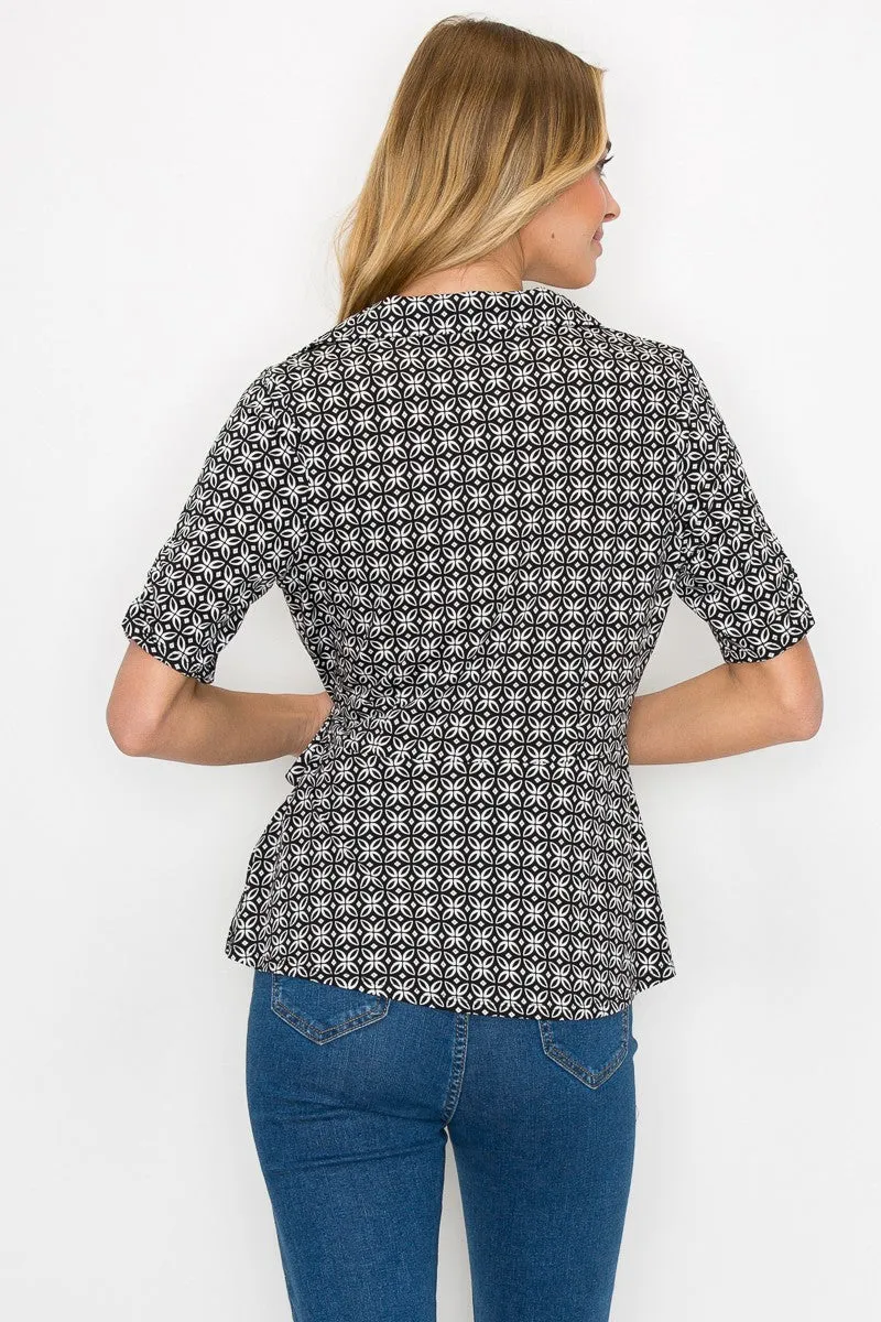 Collar V Neck Side Tie Peplum Wrap Knit Blouse