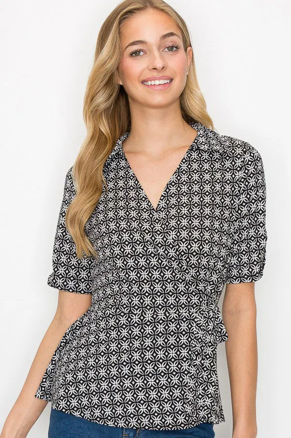 Collar V Neck Side Tie Peplum Wrap Knit Blouse