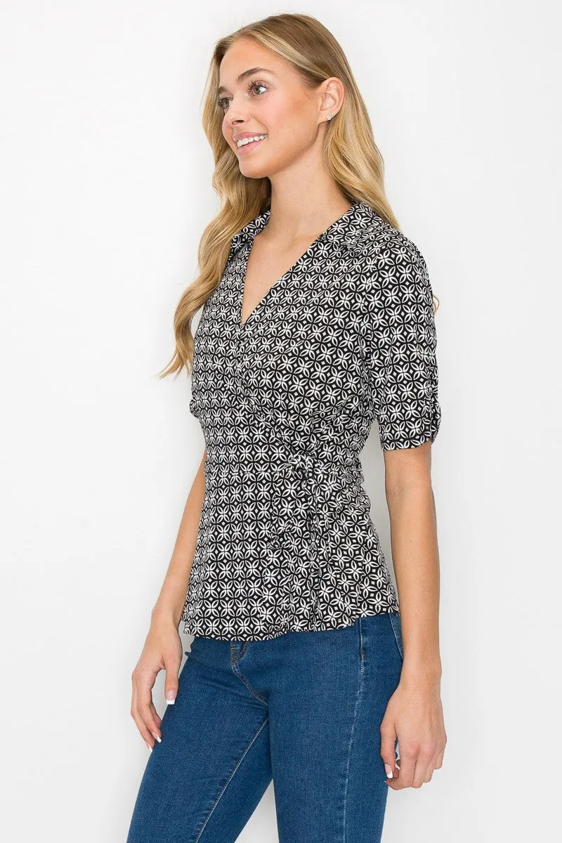 Collar V Neck Side Tie Peplum Wrap Knit Blouse