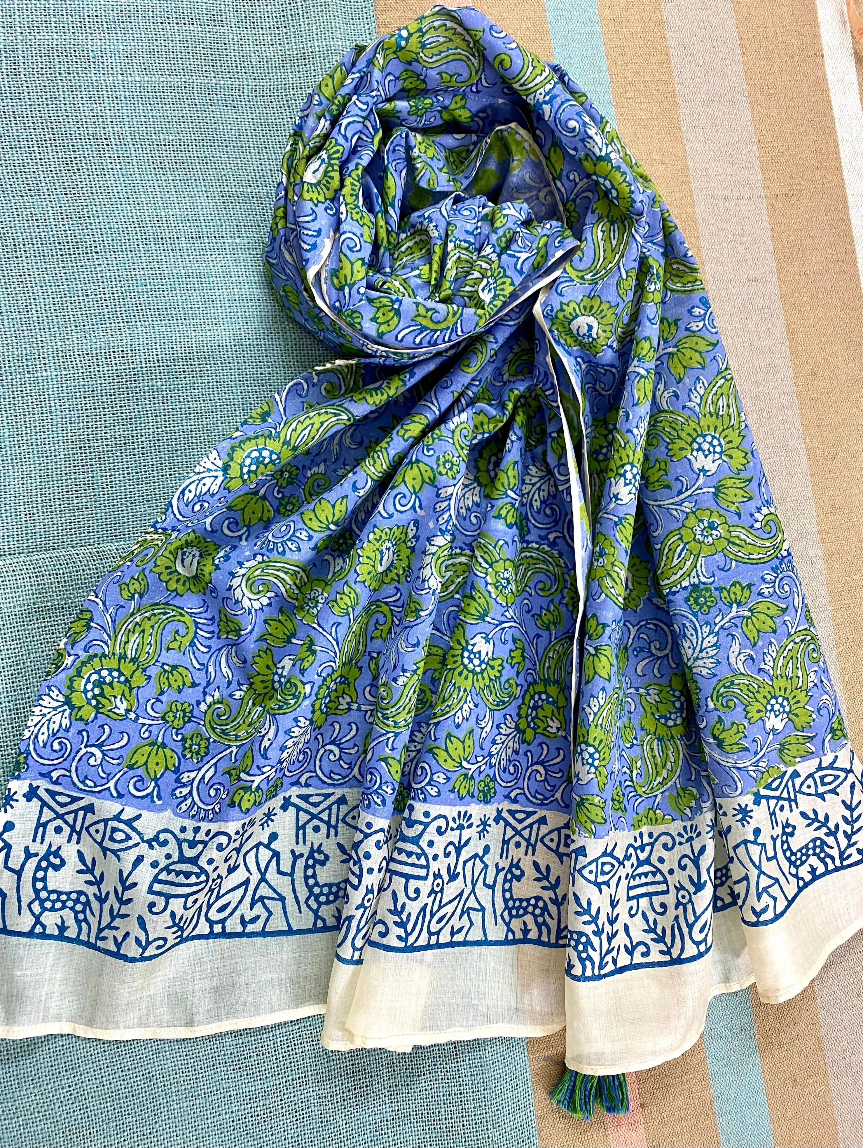 Cornflour Blue Block Printed Tussar Silk Scarf