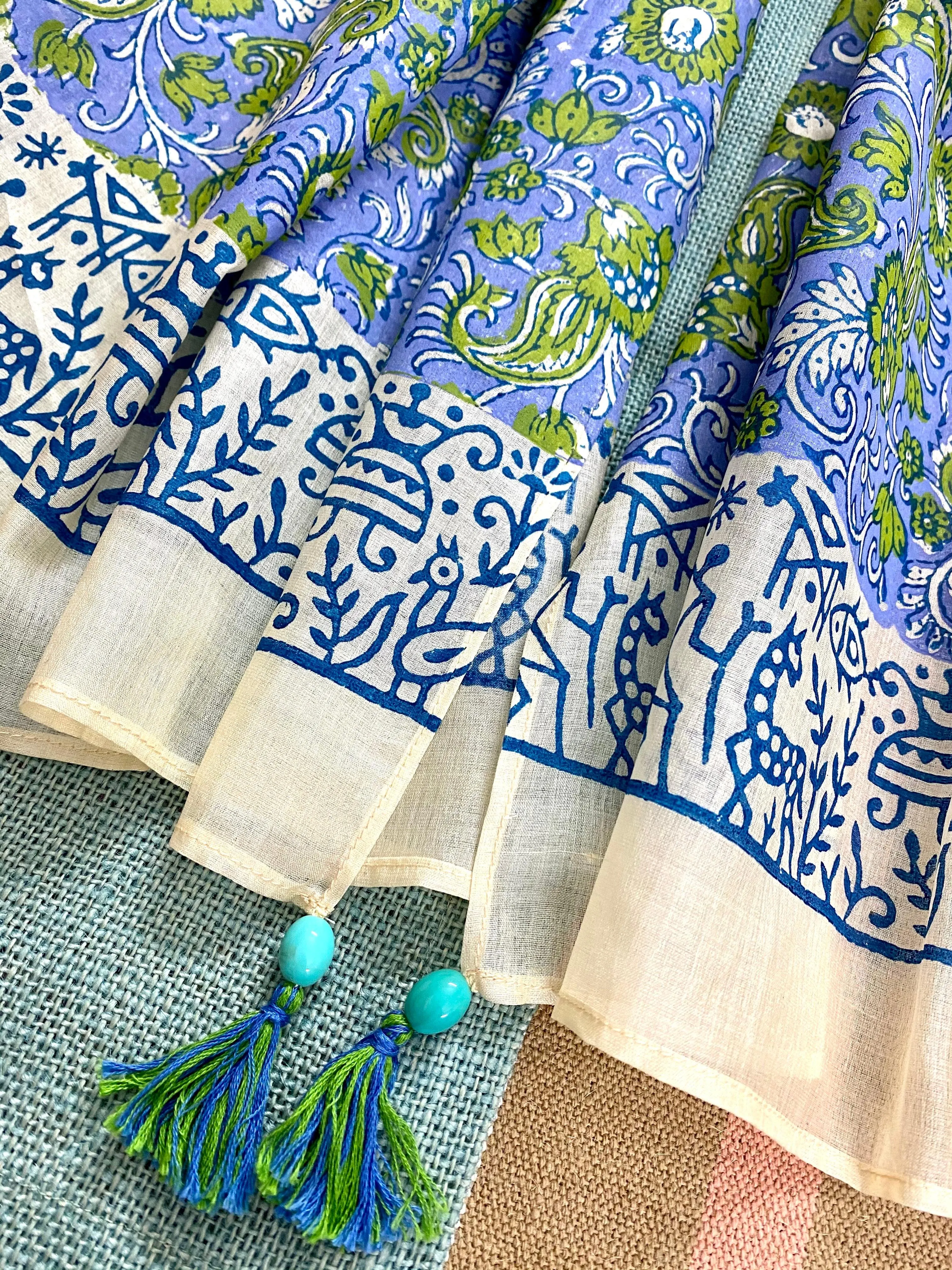 Cornflour Blue Block Printed Tussar Silk Scarf