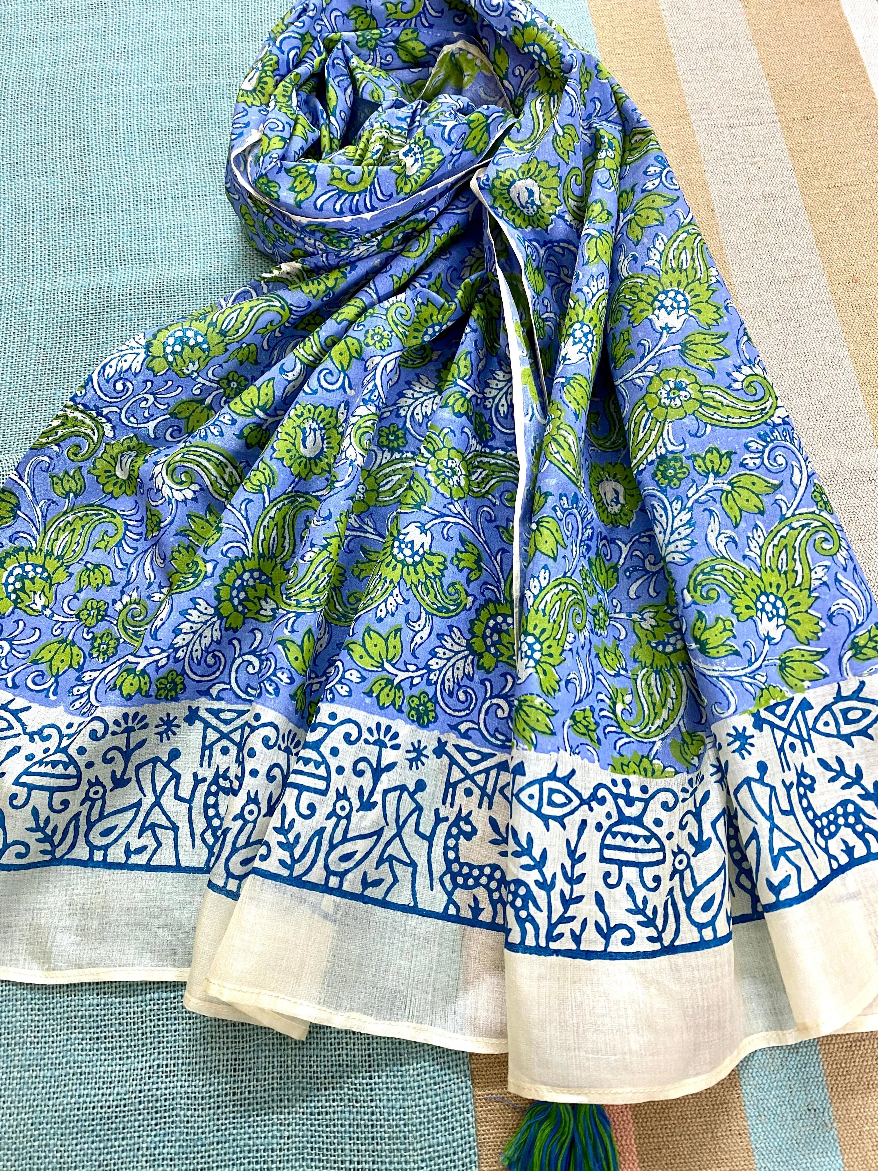 Cornflour Blue Block Printed Tussar Silk Scarf