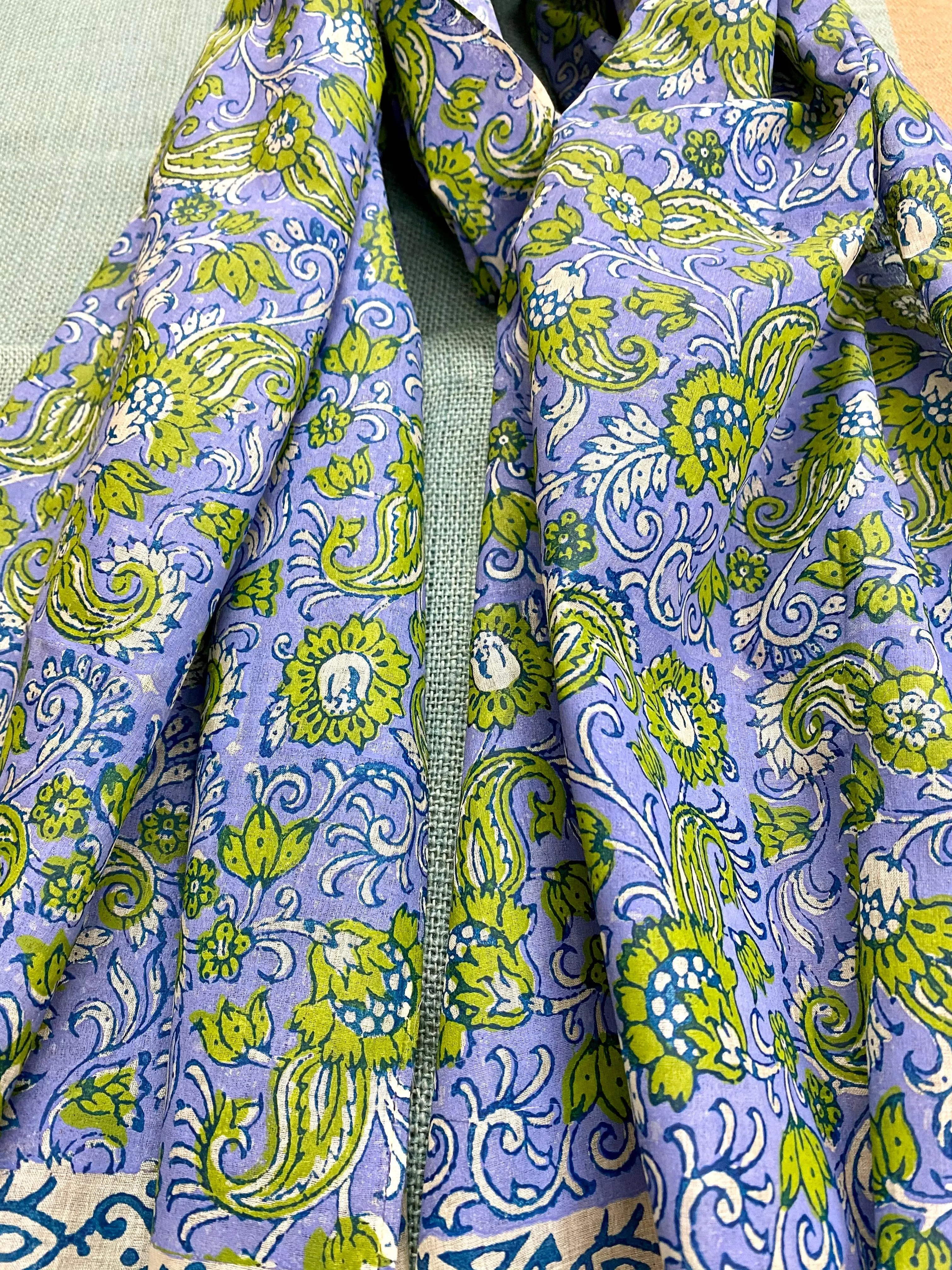 Cornflour Blue Block Printed Tussar Silk Scarf