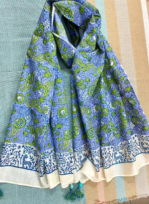 Cornflour Blue Block Printed Tussar Silk Scarf