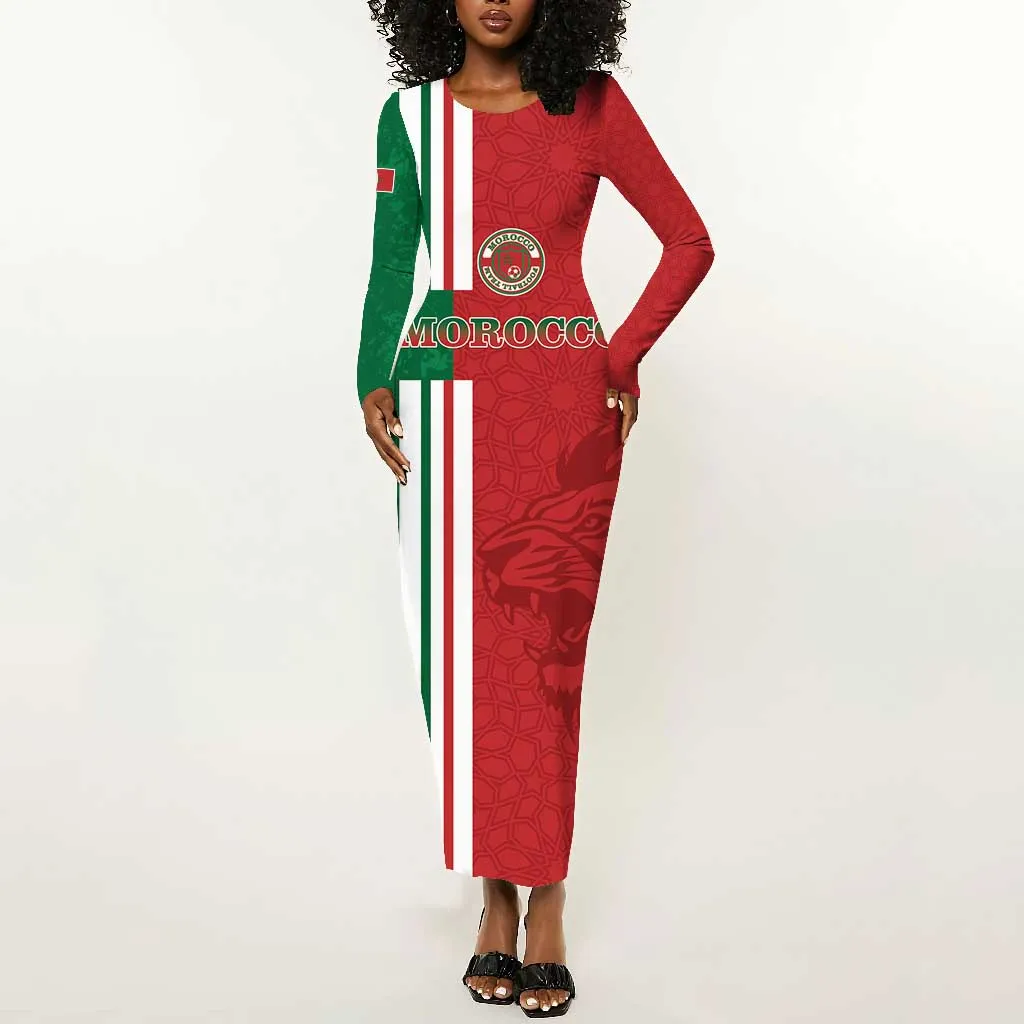 Custom Afro Morocco Football Long Sleeve Bodycon Dress With Islamic Pattern LT15
