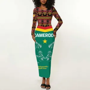 Custom Cameroun Football Long Sleeve Bodycon Dress Allez Les Lions Indomptables LT15