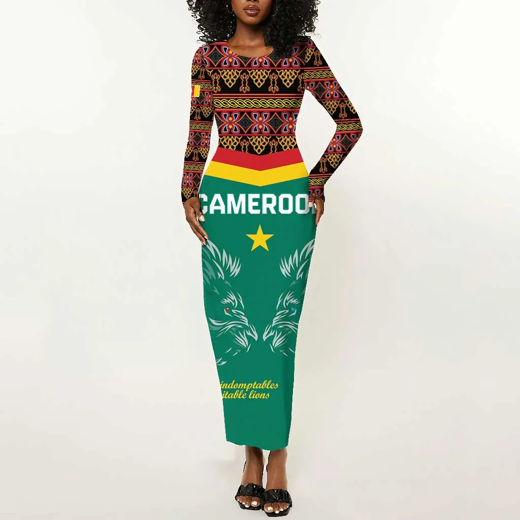 Custom Cameroun Football Long Sleeve Bodycon Dress Allez Les Lions Indomptables LT15