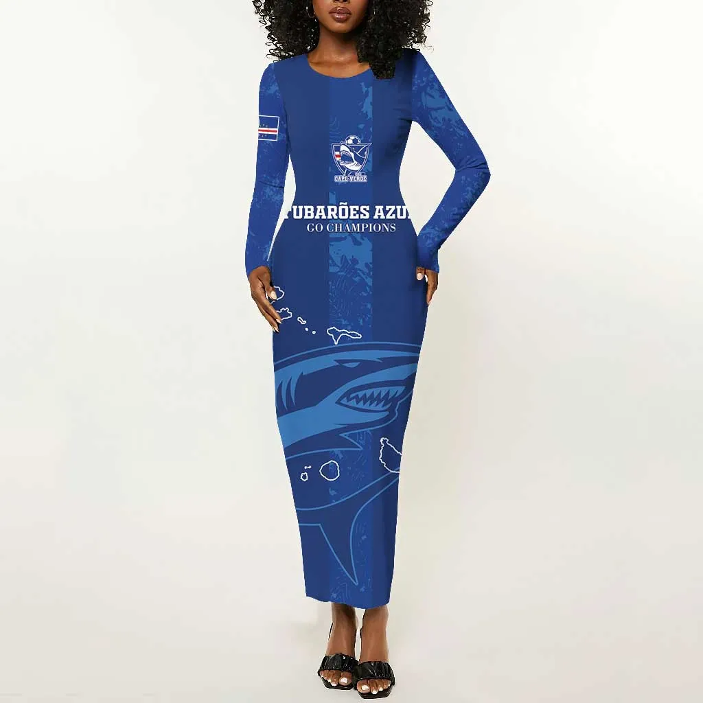 Custom Cape Verde Football Long Sleeve Bodycon Dress Go Champions Tubaroes Azuis LT15