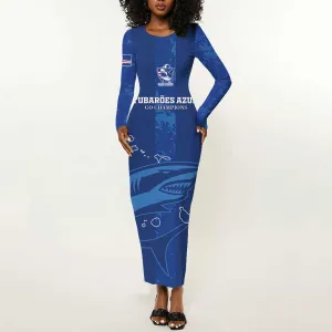 Custom Cape Verde Football Long Sleeve Bodycon Dress Go Champions Tubaroes Azuis LT15