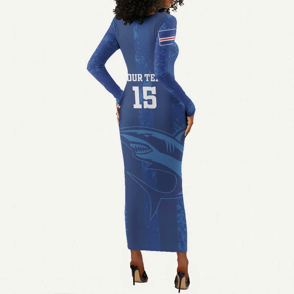Custom Cape Verde Football Long Sleeve Bodycon Dress Go Champions Tubaroes Azuis LT15