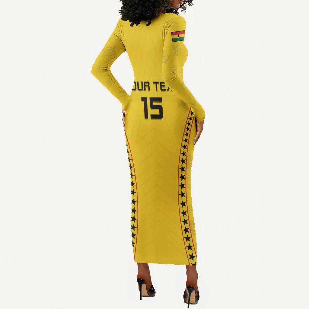 Custom Ghana Football Long Sleeve Bodycon Dress Mix Adinkra Pattern LT15