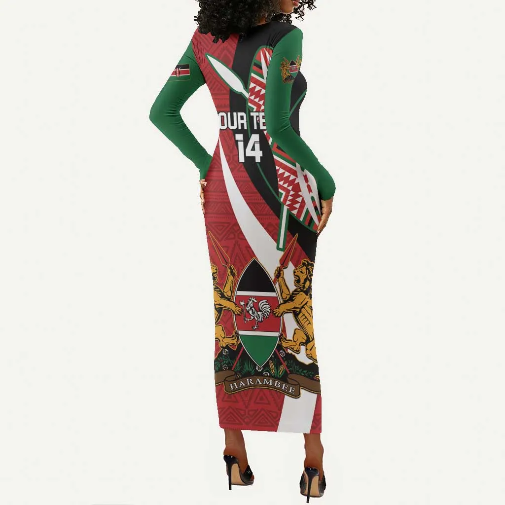 Custom Kenya Football Long Sleeve Bodycon Dress Maasai Shield Coat Of Arms Style LT14