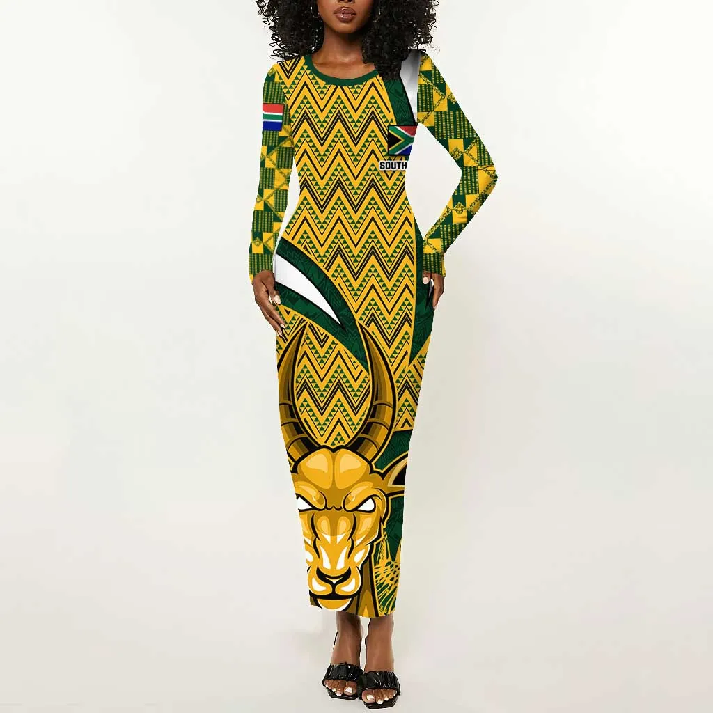 Custom South Africa Rugby Long Sleeve Bodycon Dress - Go Bokke Champion, World Cup LT01