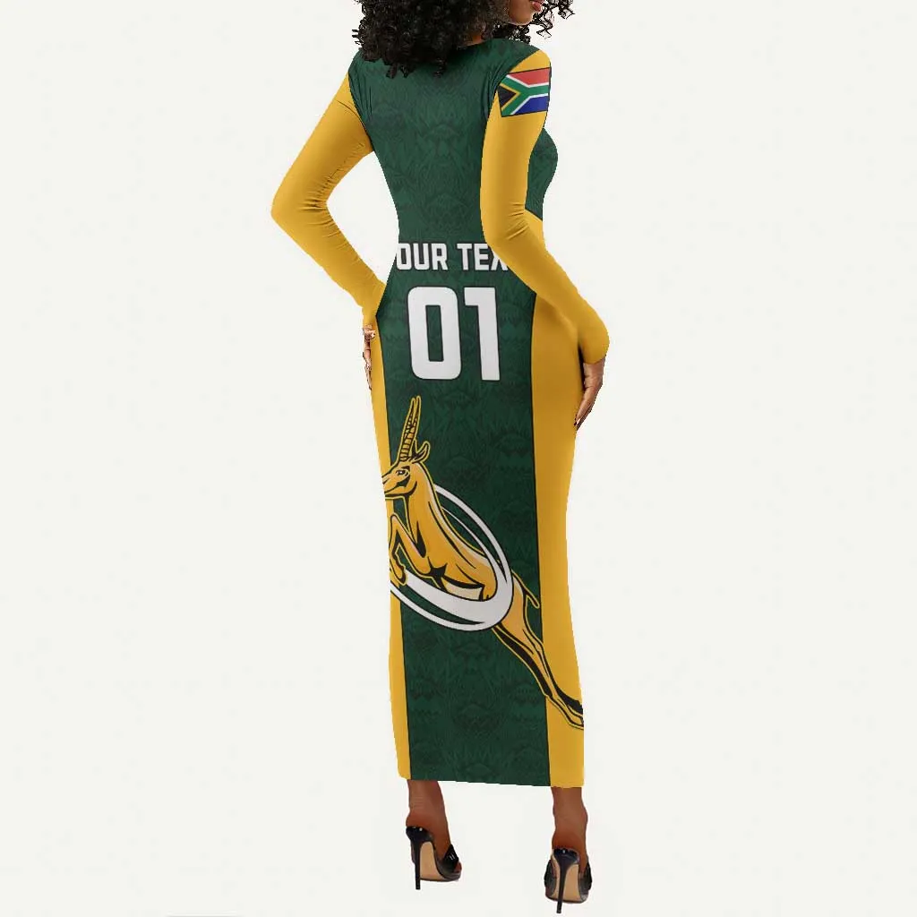 Custom South Africa Rugby Long Sleeve Bodycon Dress - Springboks Go Champions with Protea Pattern LT01