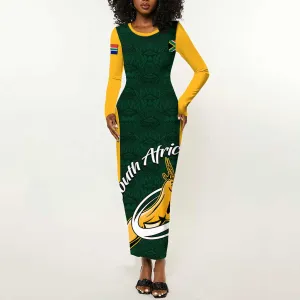 Custom South Africa Rugby Long Sleeve Bodycon Dress - Springboks Go Champions with Protea Pattern LT01