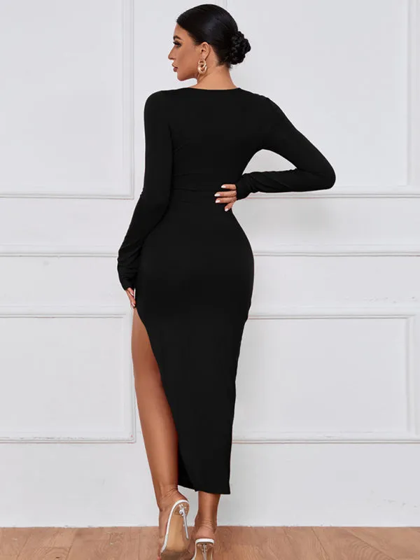 Cut-Out Neckline Bodycon Dress with High Slit and Long Sleeves