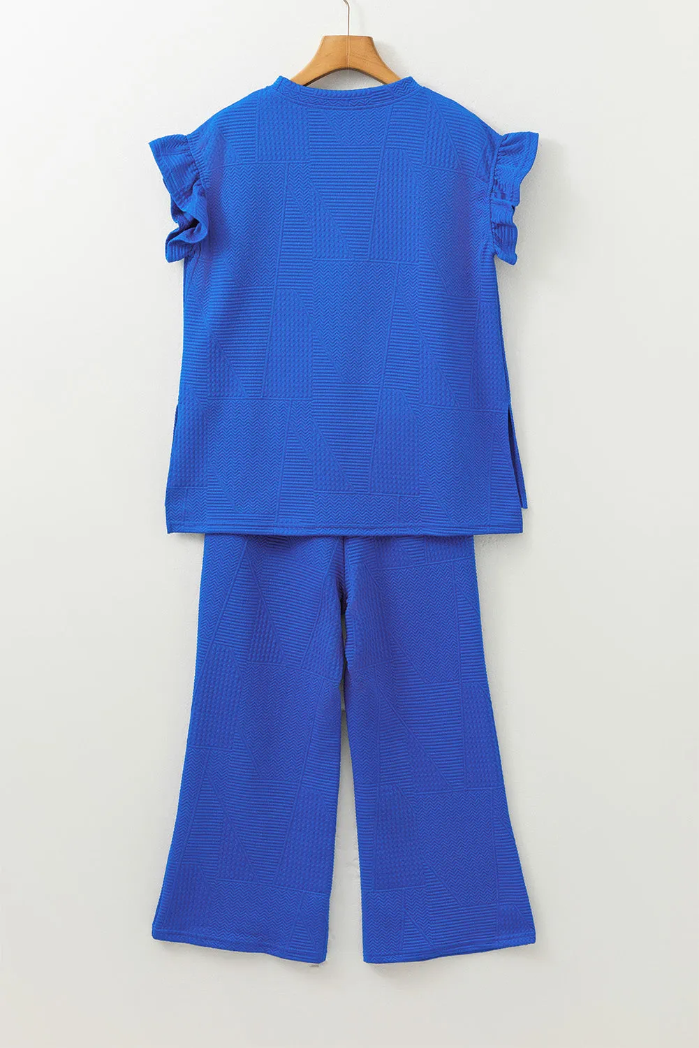 Dark Blue Ruffled Sleeve Summer Top and Cropped Loose Pants Set