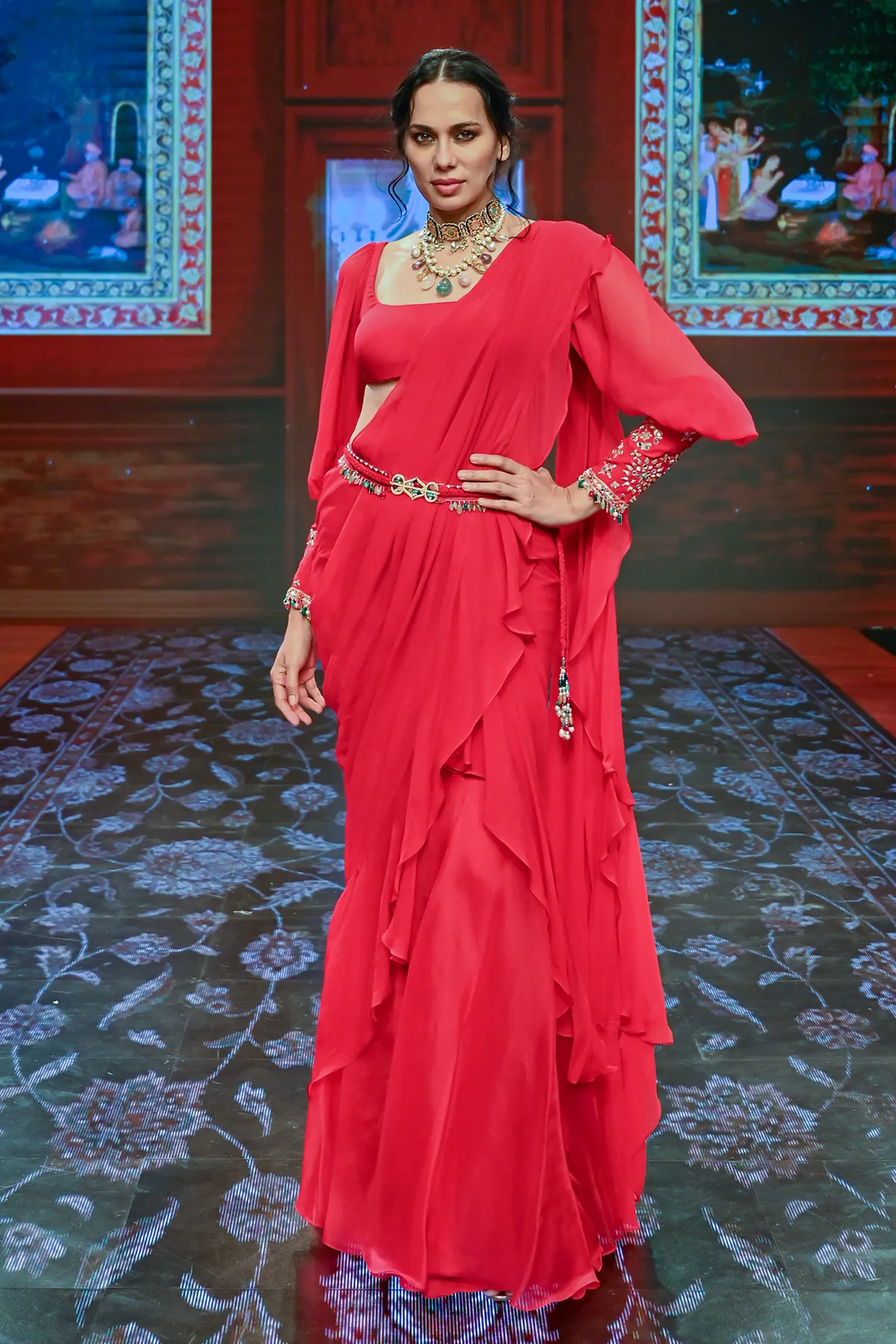 Deep Fuschia Draped Ruffle Saree Set
