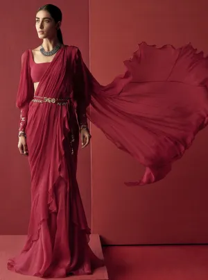 Deep Fuschia Draped Ruffle Saree Set