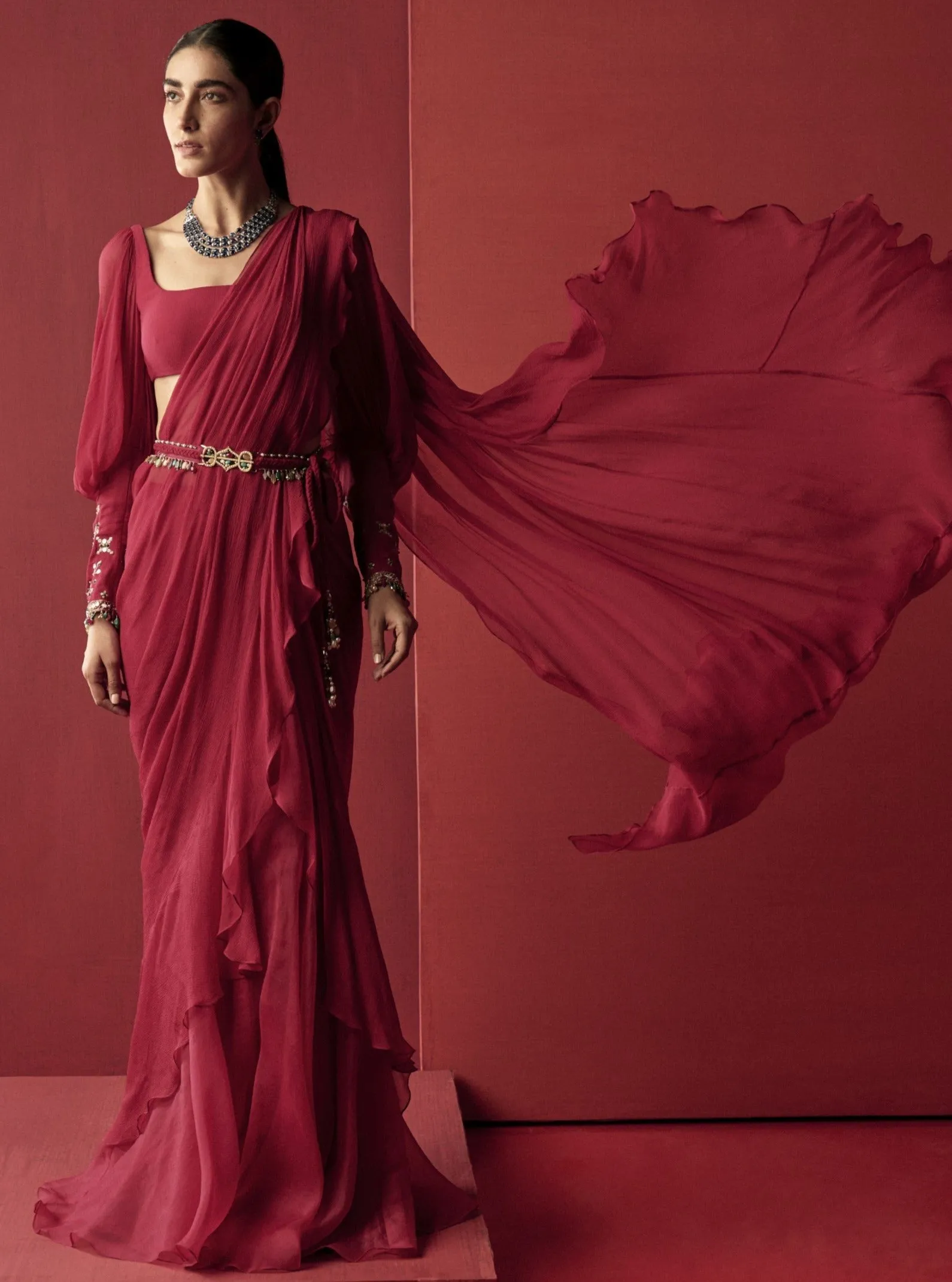 Deep Fuschia Draped Ruffle Saree Set