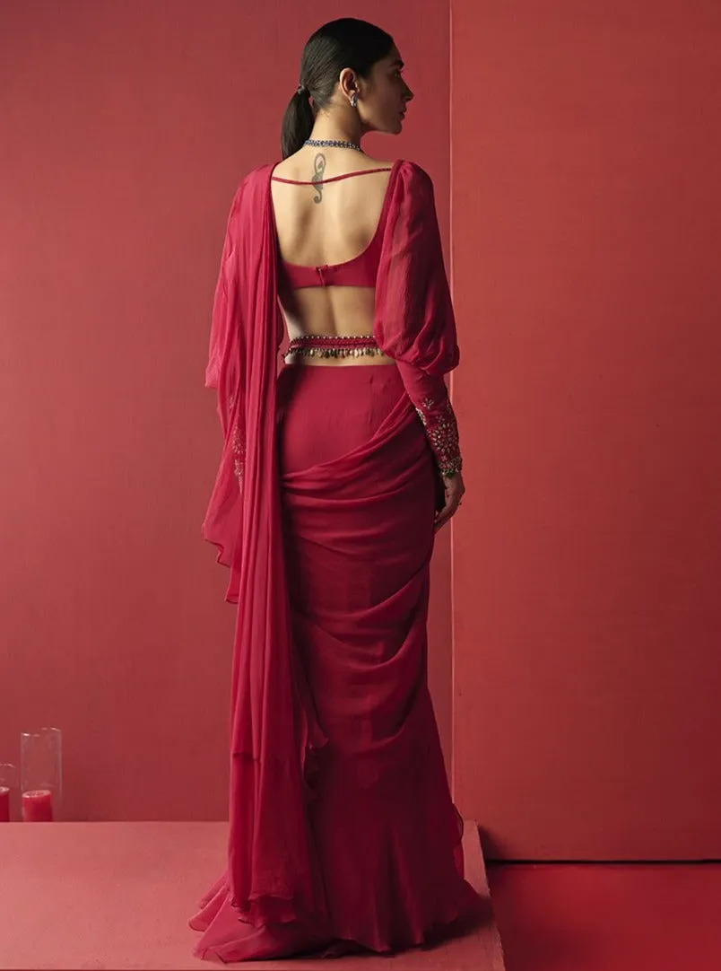 Deep Fuschia Draped Ruffle Saree Set