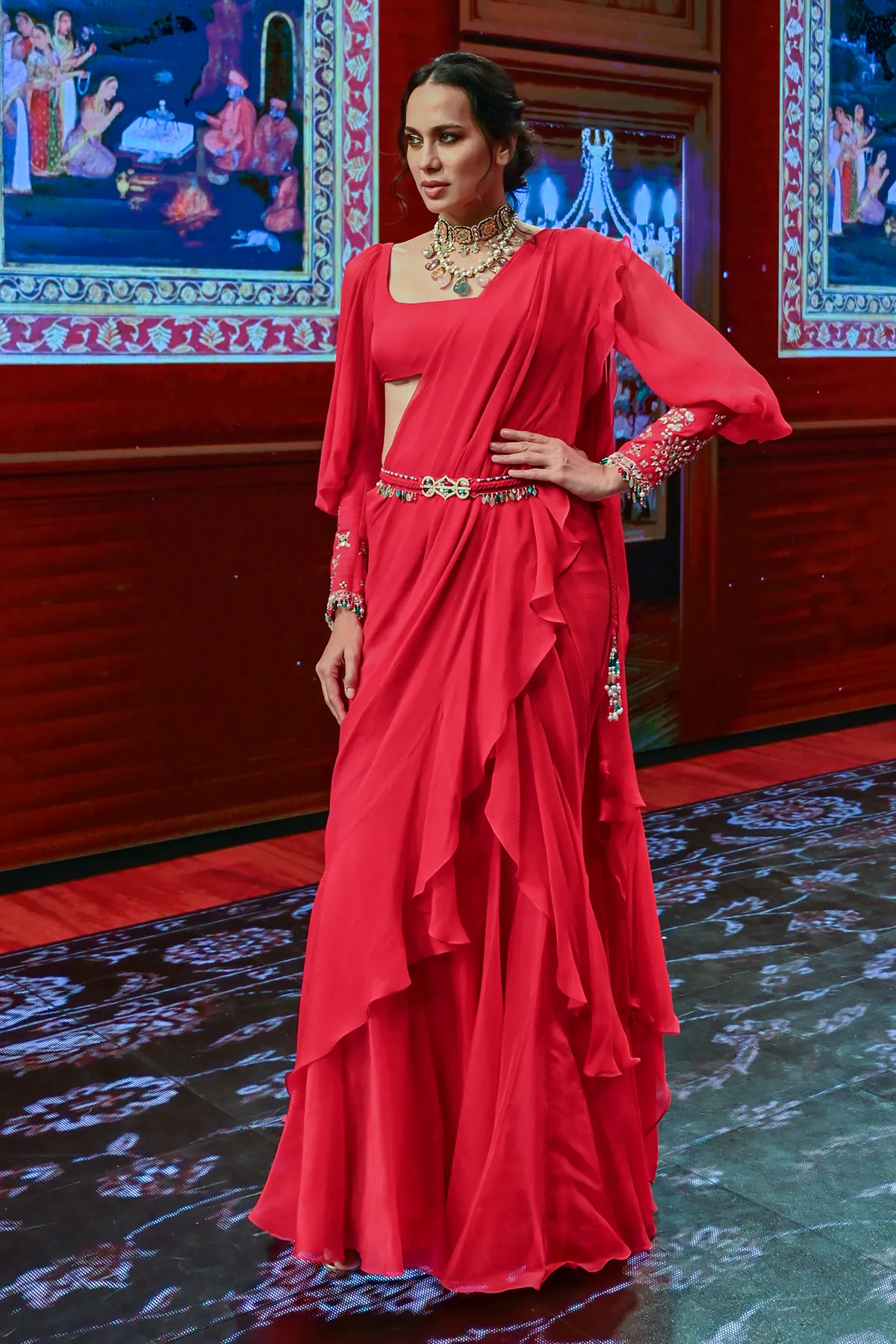 Deep Fuschia Draped Ruffle Saree Set