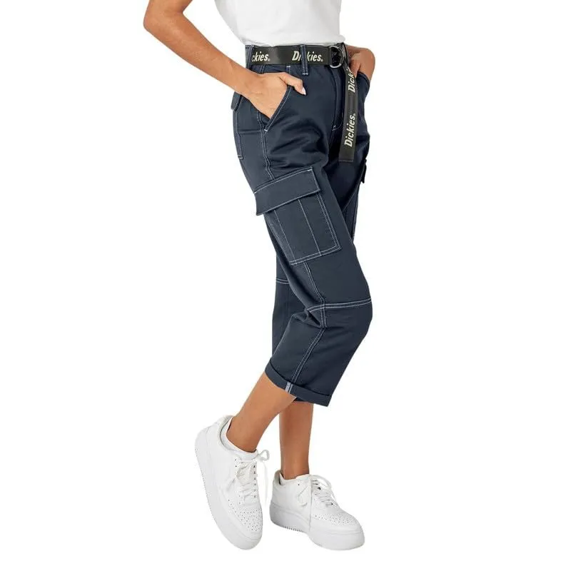 Dickies Women's Relaxed Fit Contrast Stitch Cropped Cargo Pants, Dark Navy, 29 Regular