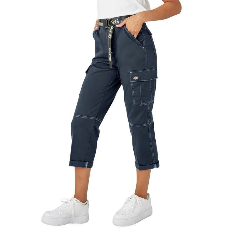 Dickies Women's Relaxed Fit Contrast Stitch Cropped Cargo Pants, Dark Navy, 29 Regular