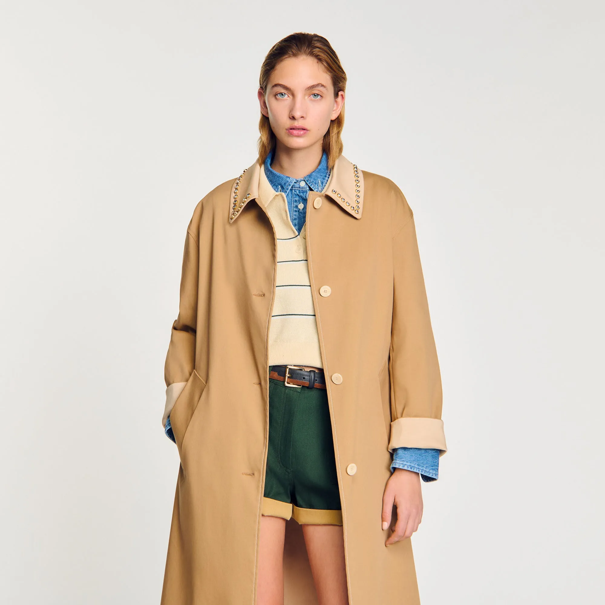 Diderot Trench Coat With Rhinestone Collar Camel