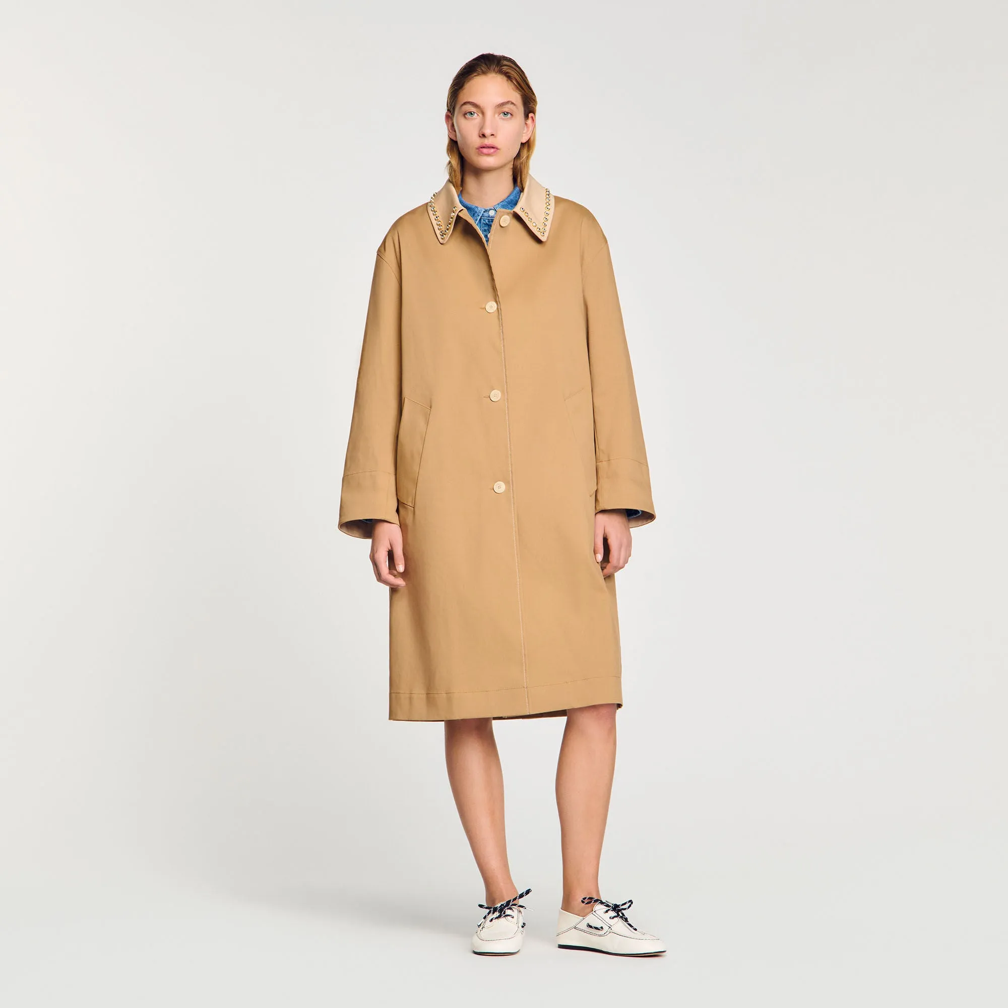 Diderot Trench Coat With Rhinestone Collar Camel