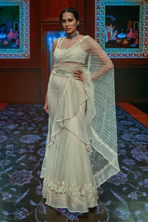 Dirty Ivory Draped Ruffle Saree Set