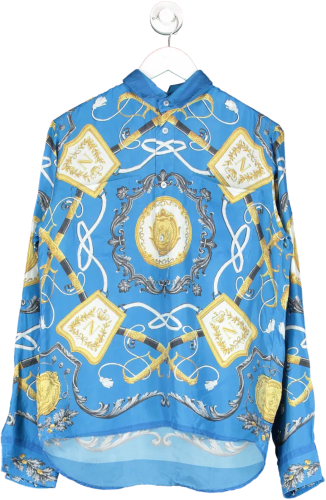 Dolce & Gabbana Blue Harnes Print Long Sleeve Shirt, 100% Silk UK M